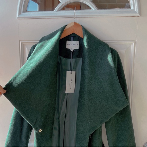Dark Green (Forest) Cole Haan Collar Wrap Coat w/ Belt - Picture 2 of 10